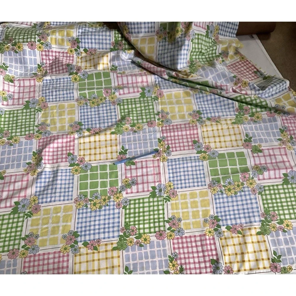 VTG Flat Sheet 70's Cannon Monticello Colorful Patchwork Gingham Floral 90x104